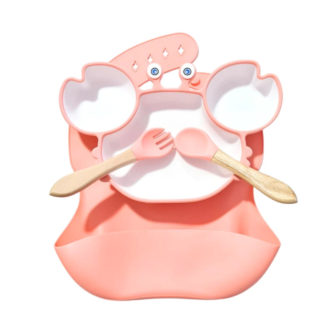 Kit Alimentação Bebê Prato Talher Babador Silicone Livre de BPA Flexível Prato Caranguejo com Ventosa