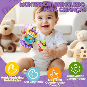 Brinquedo Montessori Tátil para Bebê Unicórnio Puxável Interativo Sonoro Mastigável Desenvolvimento Sensorial
