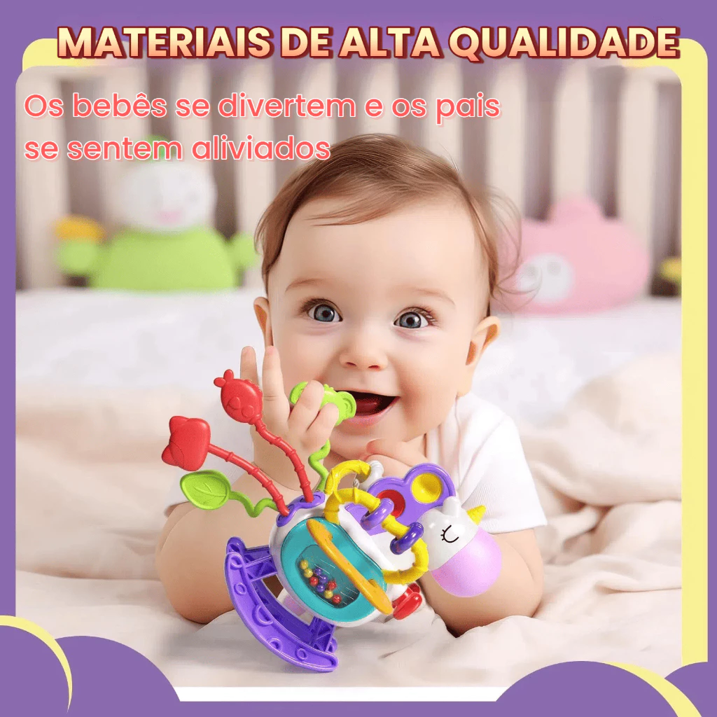 Brinquedo Montessori Tátil para Bebê Unicórnio Puxável Interativo Sonoro Mastigável Desenvolvimento Sensorial