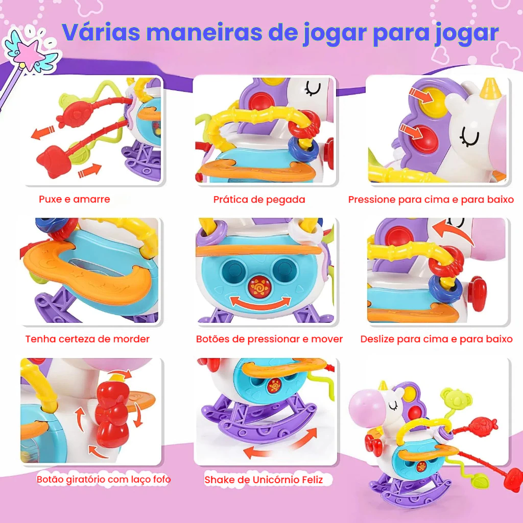 Brinquedo Montessori Tátil para Bebê Unicórnio Puxável Interativo Sonoro Mastigável Desenvolvimento Sensorial