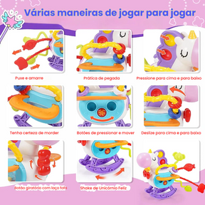 Brinquedo Montessori Tátil para Bebê Unicórnio Puxável Interativo Sonoro Mastigável Desenvolvimento Sensorial