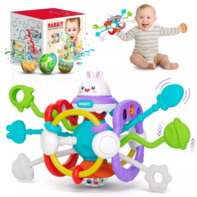 Brinquedo Montessori Tátil para Bebê Unicórnio Puxável Interativo Sonoro Mastigável Desenvolvimento Sensorial