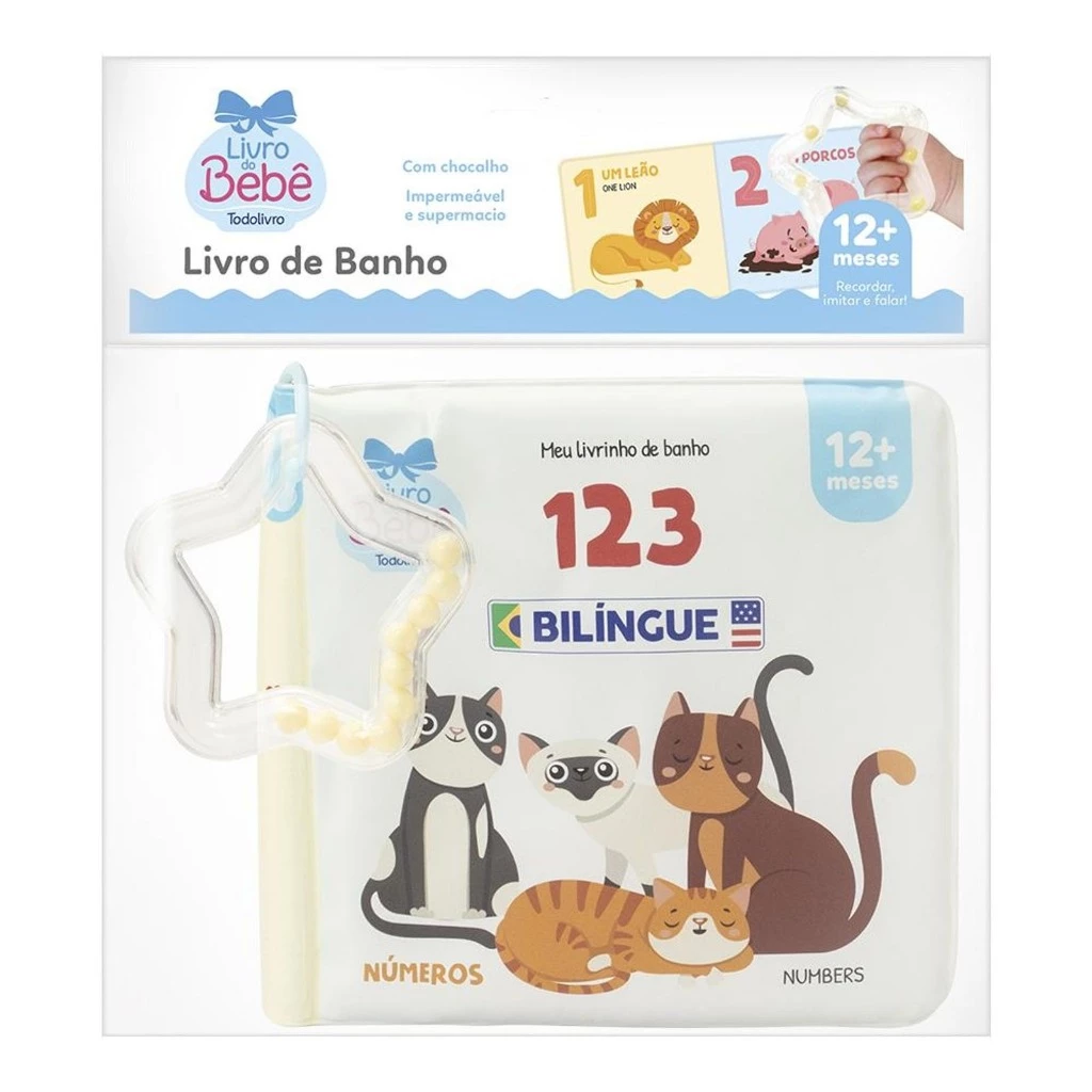 ki 4Livrinho de Banho impermeável com chocalho Opostos, Cores, 123, ABC