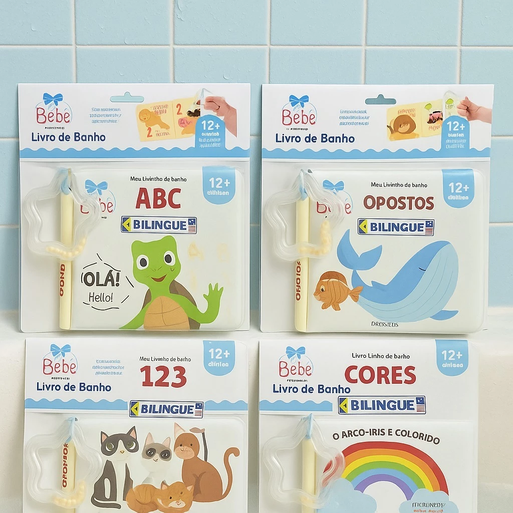 ki 4Livrinho de Banho impermeável com chocalho Opostos, Cores, 123, ABC