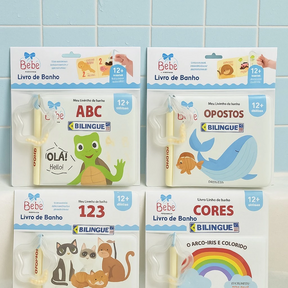 ki 4Livrinho de Banho impermeável com chocalho Opostos, Cores, 123, ABC