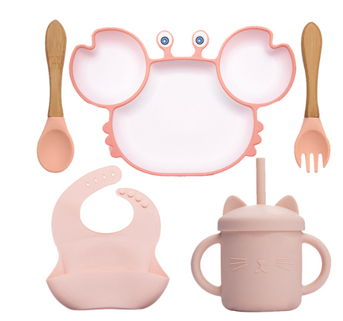 Kit Alimentação Bebê Prato Talher Babador Silicone Livre de BPA Flexível Prato Caranguejo com Ventosa